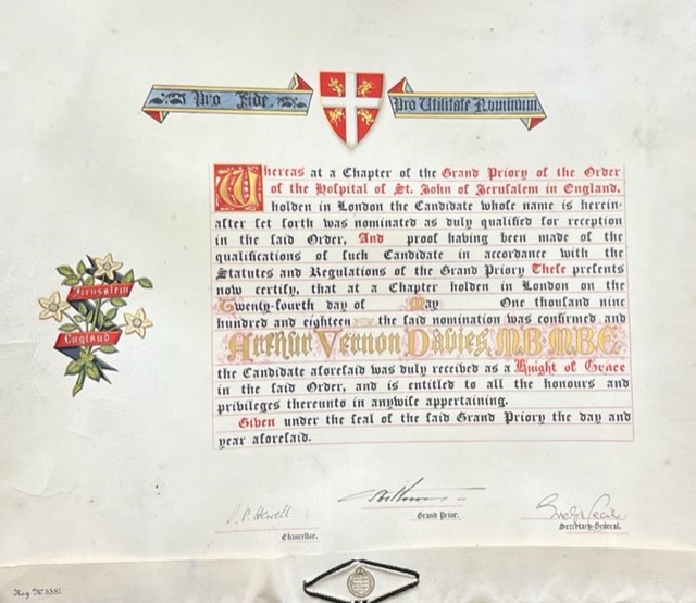 A tin cased order of the Knights of Jerusalem, to Arthur Vernon Davies M.B M.B.E. With cased seal, dated 1918